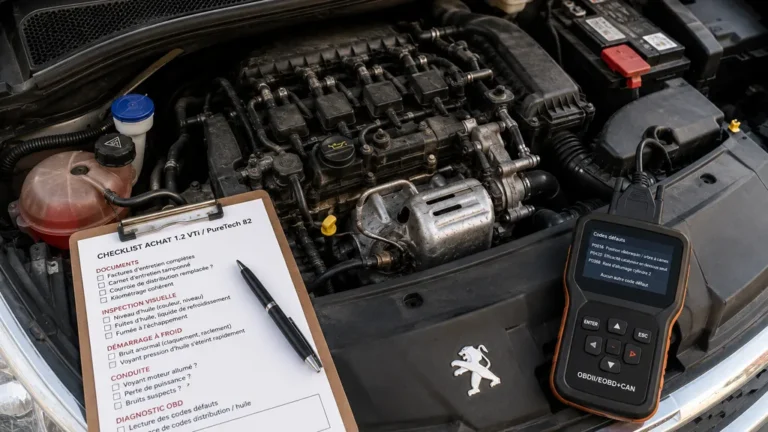 Inspection d’un moteur 1.2 VTi Peugeot avec outil de diagnostic avant achat d’occasion