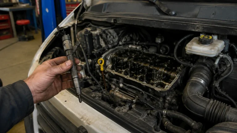 Mécanicien contrôlant un injecteur sur un moteur diesel Puma 2.2 HDi ouvert dans un atelier automobile.