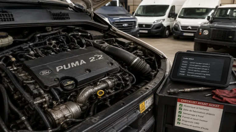 Inspection d’un moteur Puma 2.2 diesel dans un atelier avant achat d’un utilitaire d’occasion