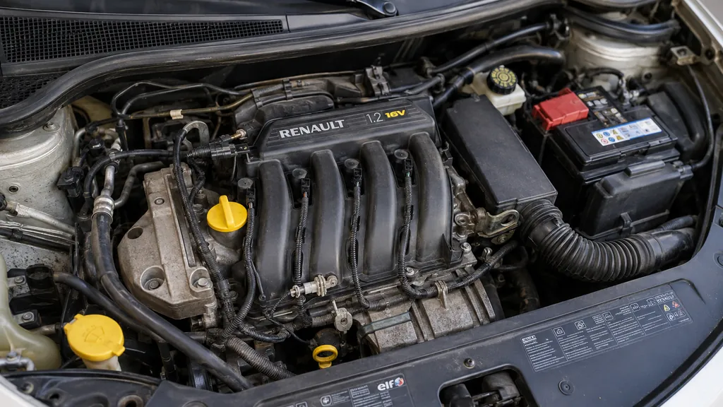 Moteur Renault 1.2 75cv D4F sous le capot d’une citadine