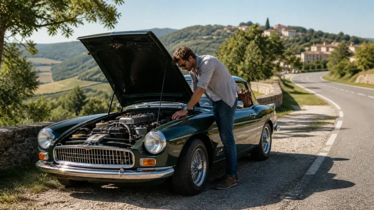 Voiture ancienne capot ouvert au bord d’une route de campagne avant un road trip en France
