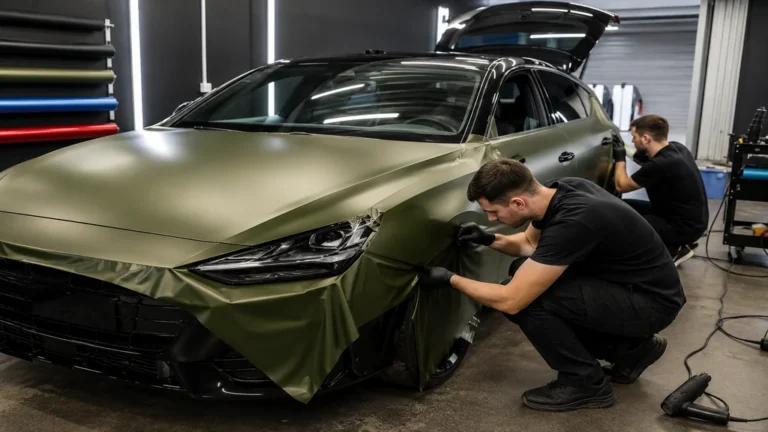 Pose d’un covering complet sur une voiture dans un atelier spécialisé