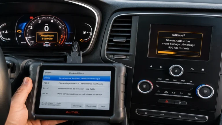 Diagnostic d’un problème AdBlue sur Renault Mégane 4 avec voyant antipollution et valise OBD.