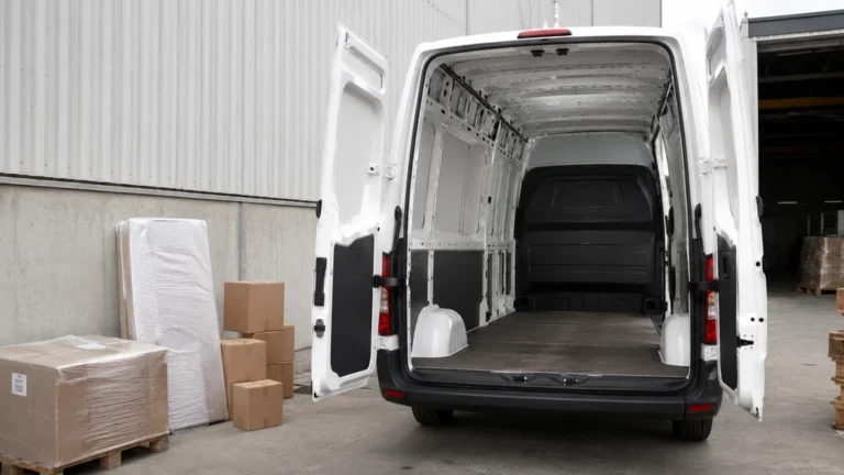 Renault Master L2H2 ouvert sur une zone de chargement avec cartons et palettes, illustrant le volume utile d’un fourgon professionnel.