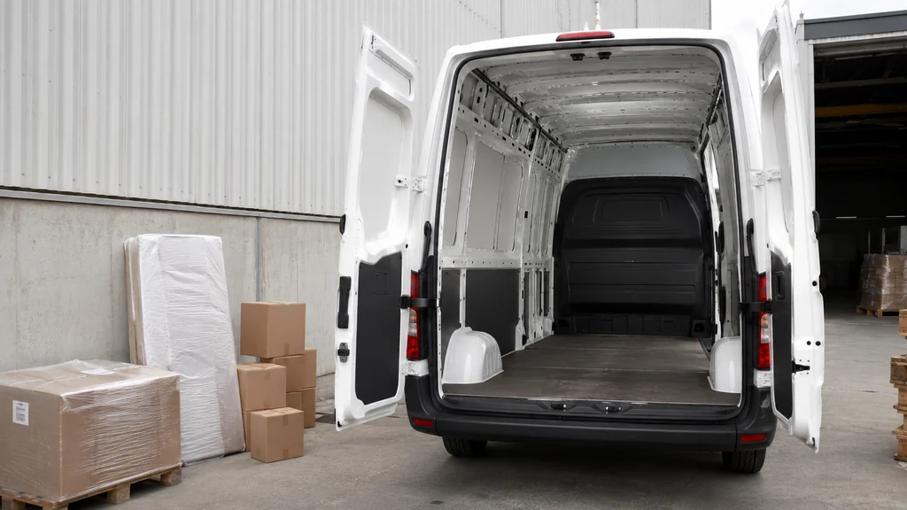 Renault Master L2H2 ouvert sur une zone de chargement avec cartons et palettes, illustrant le volume utile d’un fourgon professionnel.
