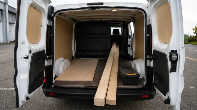 Intérieur d’un Renault Trafic utilitaire ouvert avec chargement de planches pour évaluer les dimensions utiles.