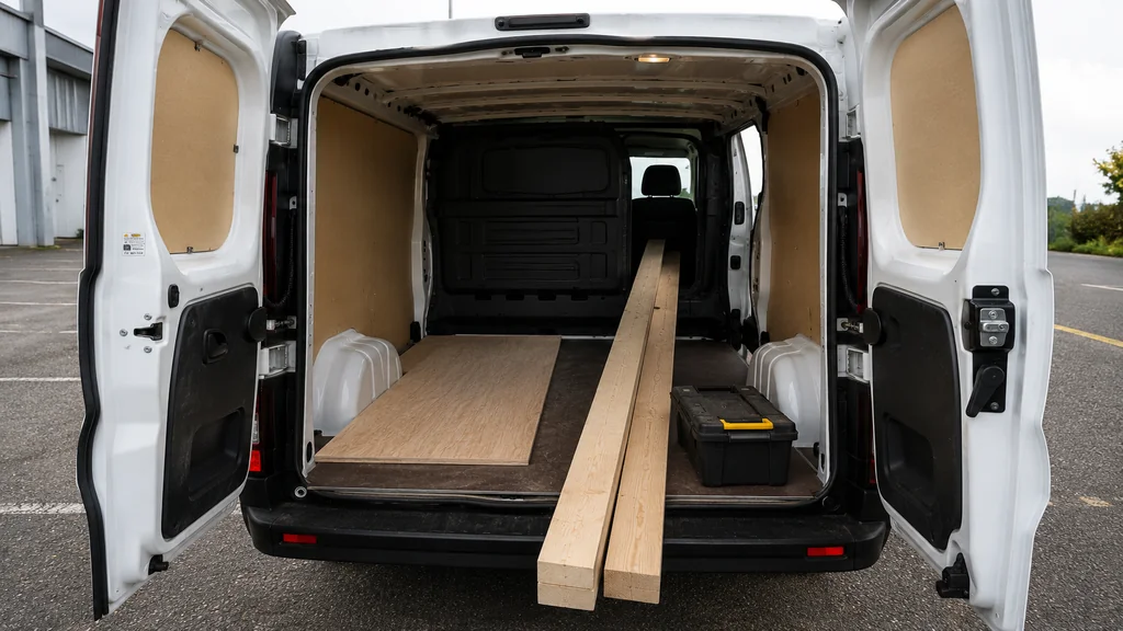 Intérieur d’un Renault Trafic utilitaire ouvert avec chargement de planches pour évaluer les dimensions utiles.