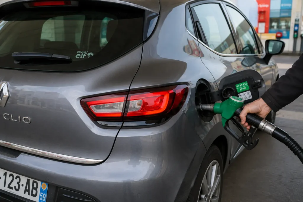 Renault Clio 4 en train de faire le plein pour illustrer la capacité du réservoir carburant.