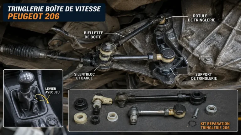Tringlerie de boîte de vitesse Peugeot 206 avec biellettes et rotules sous le véhicule