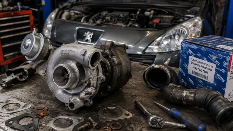Turbo 1.6 HDi 90 démonté sur un établi avec outils et moteur Peugeot en arrière-plan