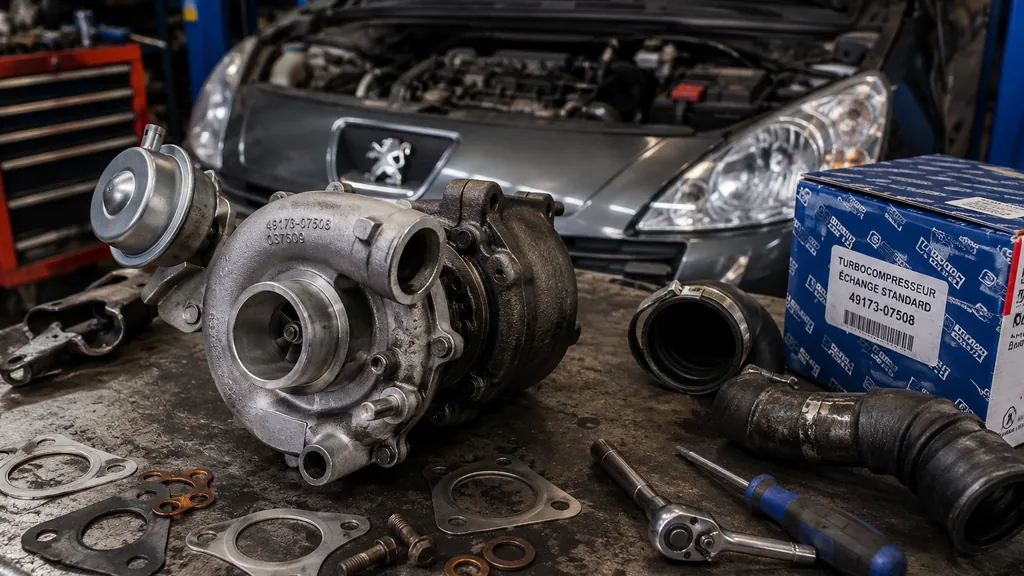 Turbo 1.6 HDi 90 démonté sur un établi avec outils et moteur Peugeot en arrière-plan