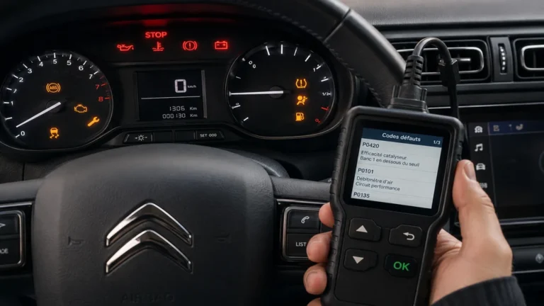 Tableau de bord de Citroën C3 avec voyants d’alerte allumés et diagnostic automobile
