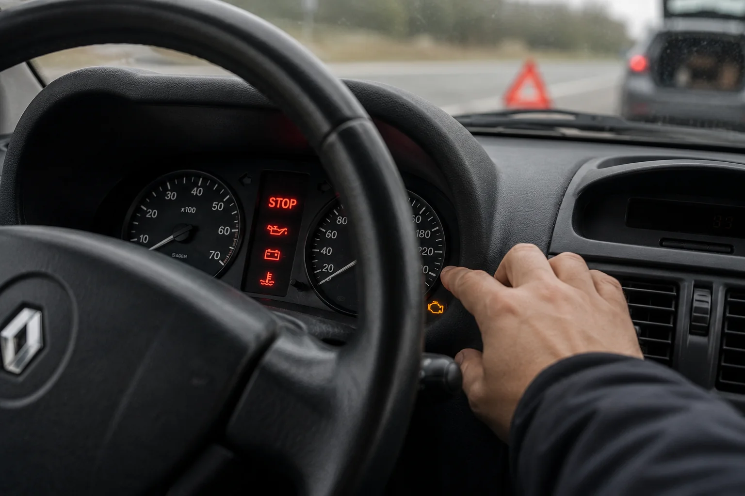 Tableau de bord de Renault Clio 2 avec voyants rouges allumés lors d’un arrêt d’urgence sur la route.