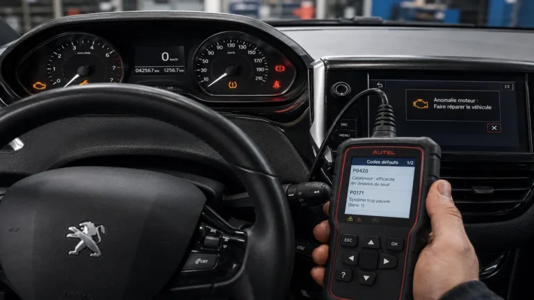 Voyant orange allumé sur le tableau de bord d’une Peugeot 208 avec diagnostic OBD