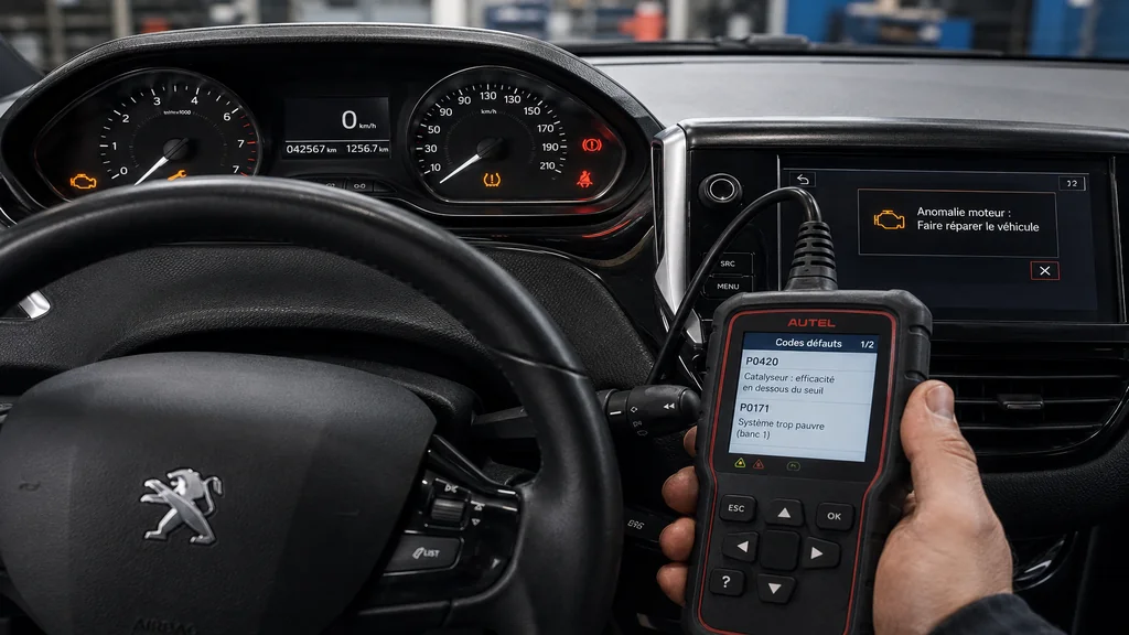 Voyant orange allumé sur le tableau de bord d’une Peugeot 208 avec diagnostic OBD