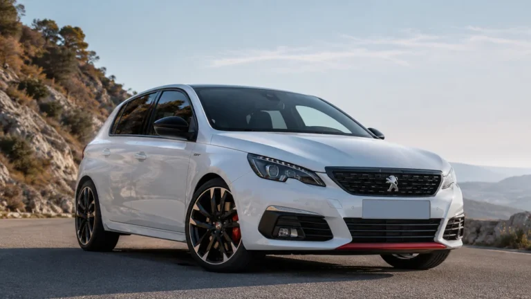 Peugeot 308 GTi blanche garée sur une route de montagne avec une allure sportive