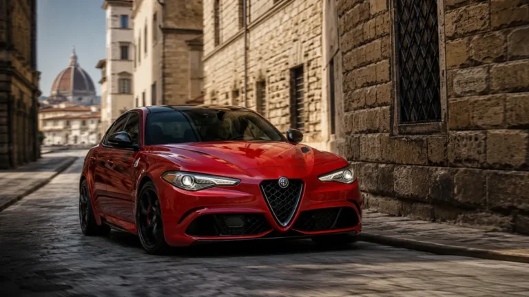 Alfa Romeo Giulia Quadrifoglio rouge roulant dans une rue historique inspirée de 6 Underground