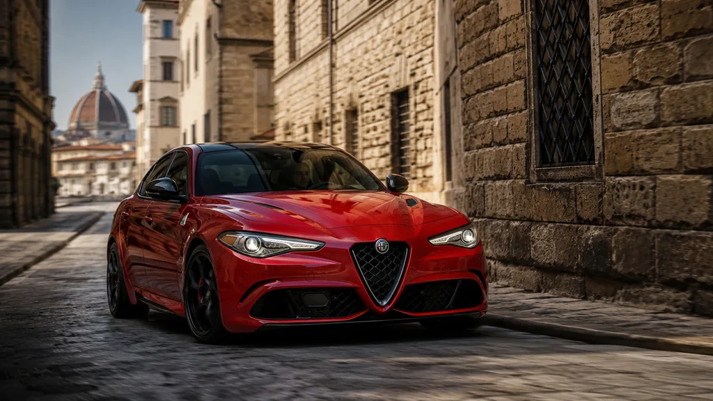 Alfa Romeo Giulia Quadrifoglio rouge roulant dans une rue historique inspirée de 6 Underground