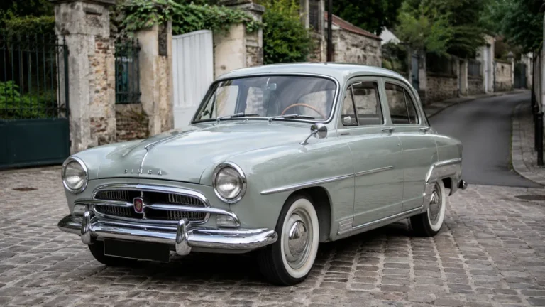 Simca Aronde ancienne stationnée dans une rue pavée avec une ambiance de voiture de collection française