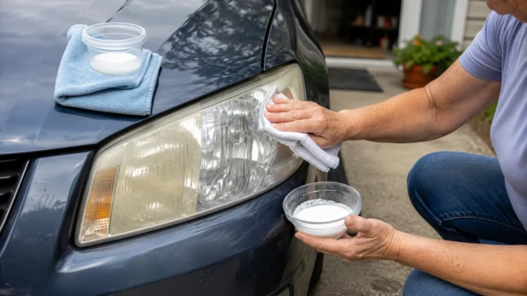 Nettoyage d’un phare de voiture jauni avec une pâte maison au bicarbonate et un chiffon microfibre
