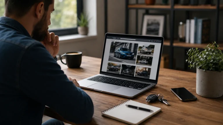 Utilisateur consultant un blog automobile sur ordinateur avec des clés de voiture posées sur le bureau