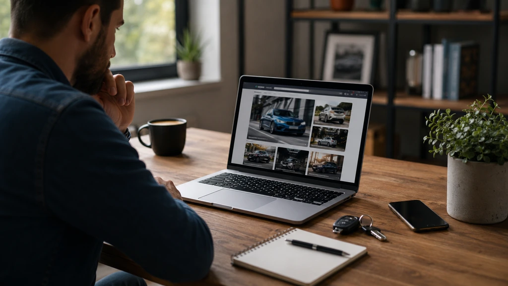 Utilisateur consultant un blog automobile sur ordinateur avec des clés de voiture posées sur le bureau