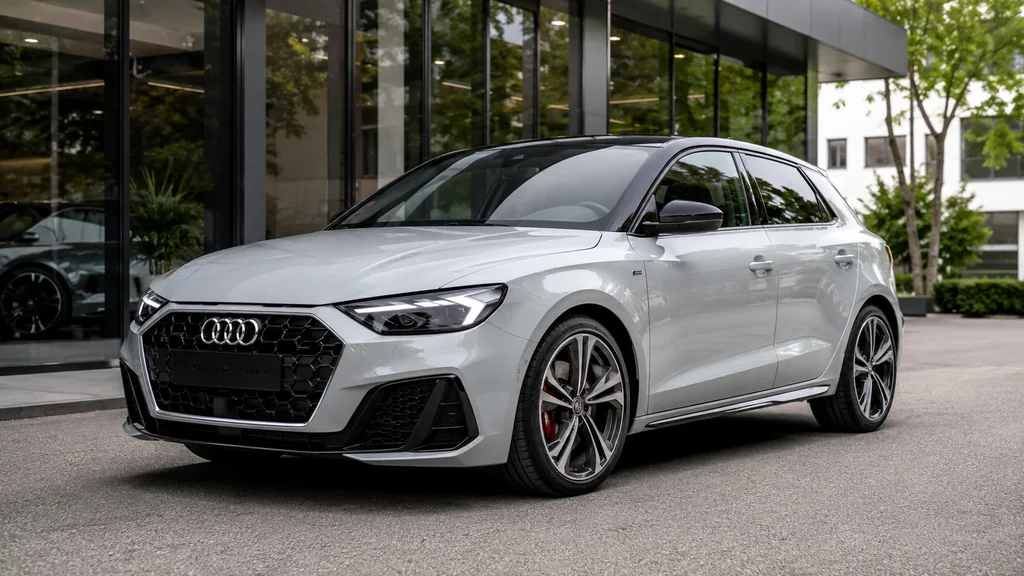 Audi A1 S line blanche stationnée devant un showroom moderne avec une allure sportive et premium