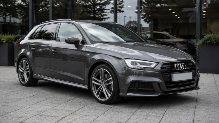 Audi A3 S line grise stationnée devant un showroom automobile moderne