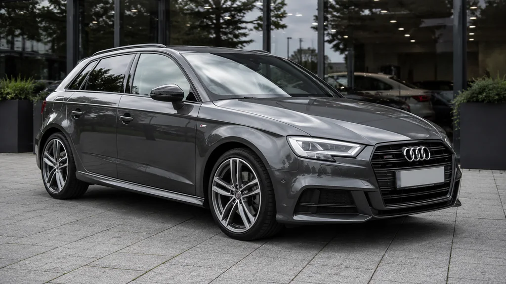 Audi A3 S line grise stationnée devant un showroom automobile moderne