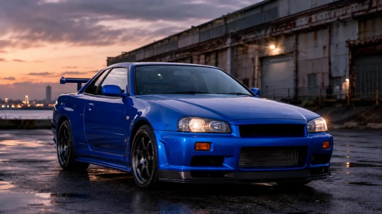 Nissan Skyline GT-R R34 bleue sur route humide dans un décor industriel au coucher du soleil