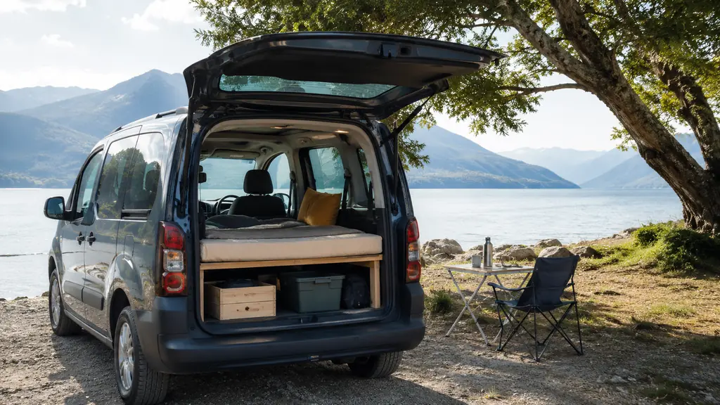 Citroën Berlingo aménagé avec couchage installé au bord d’un lac pour un road trip
