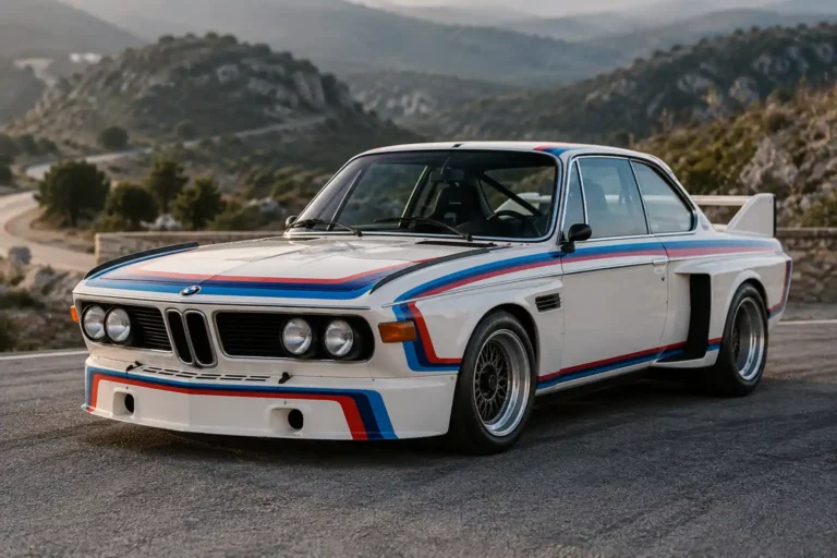BMW 3.0 CSL blanche sur une route de montagne avec livrée Motorsport