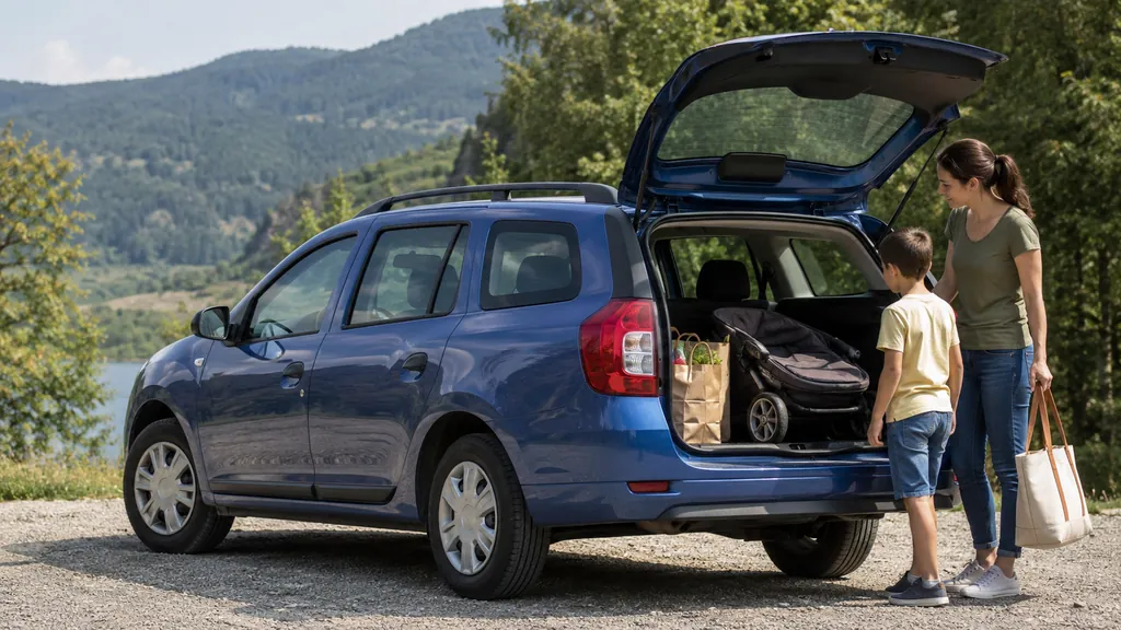Dacia Logan MCV familiale avec coffre ouvert lors d’un départ en voyage