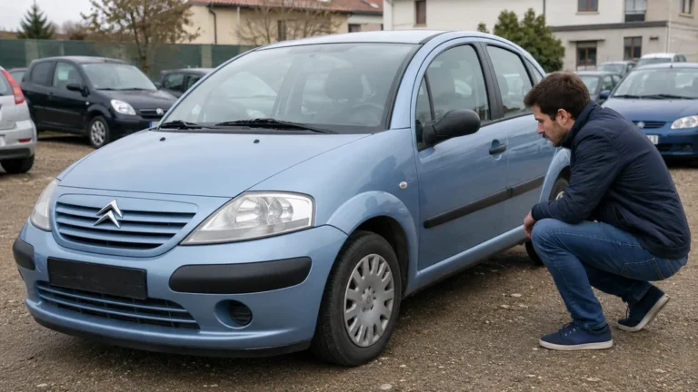 Acheteur inspectant une Citroën C3 phase 1 d’occasion sur un parking automobile