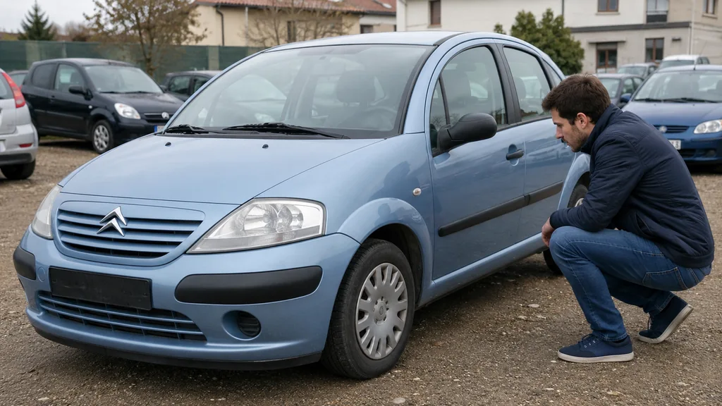 Acheteur inspectant une Citroën C3 phase 1 d’occasion sur un parking automobile