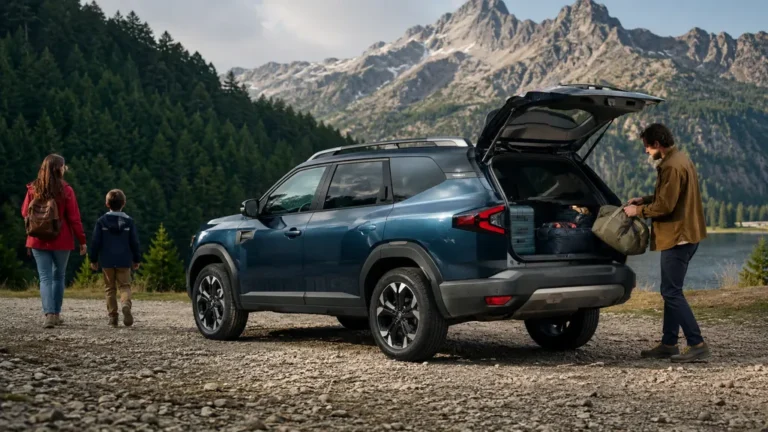 Dacia Bigster 2025 familial avec coffre ouvert lors d’un départ en montagne