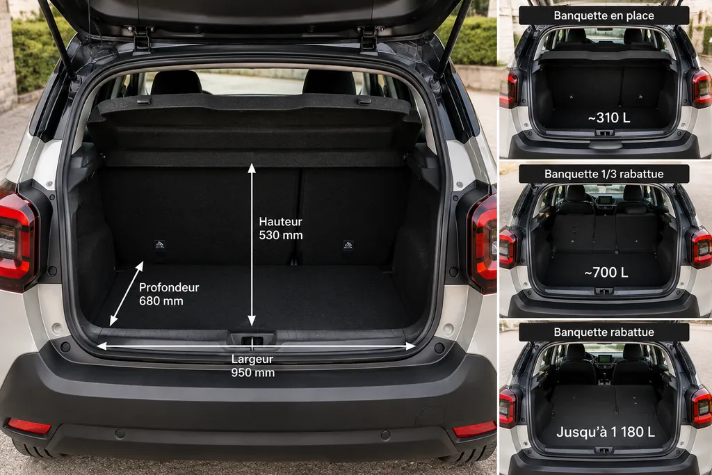 Coffre de Citroën C3 ouvert avec banquette modulable et espace de chargement visible