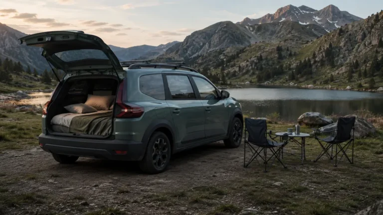 Dacia aménagée pour dormir en voiture au bord d’un lac de montagne au crépuscule
