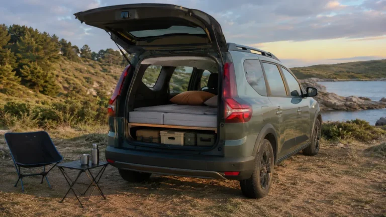 Dacia aménagé avec couchage installé au bord de l’eau pour un road trip en van low cost