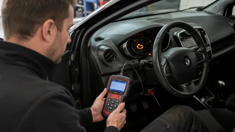 Mécanicien utilisant une valise diagnostic OBD dans une Renault avec voyant moteur allumé