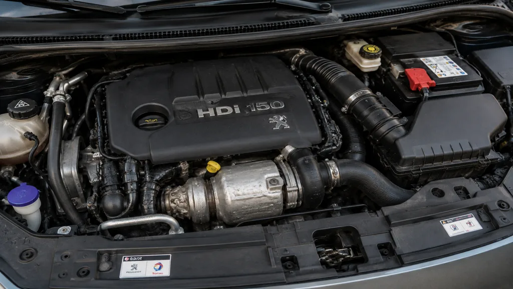 Moteur 2.0 HDi 150 sous le capot avec composants diesel et cache moteur visibles.
