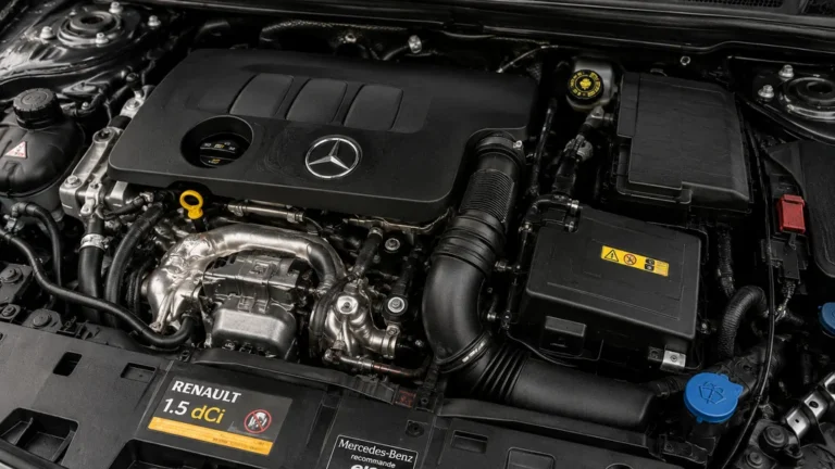 Moteur diesel sous le capot d’une Mercedes équipée d’un bloc Renault