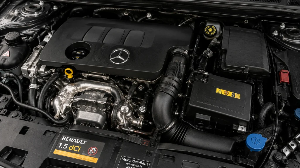 Moteur diesel sous le capot d’une Mercedes équipée d’un bloc Renault