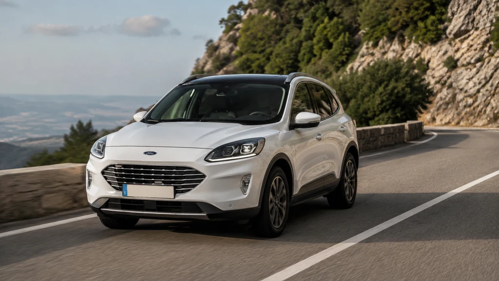 SUV Ford Kuga blanc roulant sur une route de montagne lors d’un trajet familial en occasion.