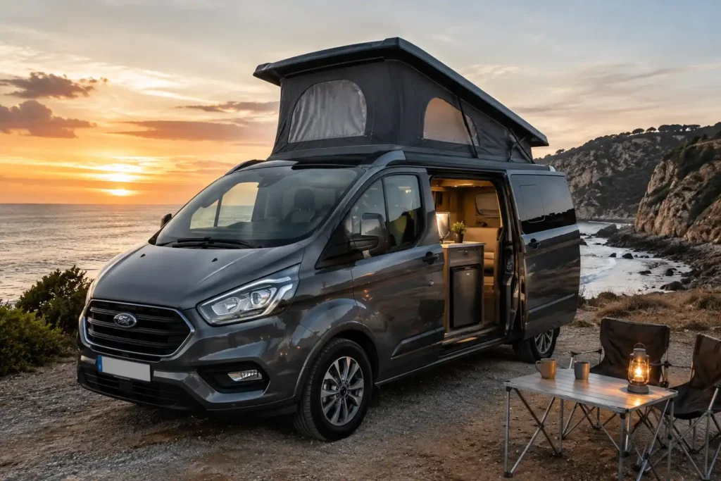 Ford Transit Custom aménagé avec toit relevable stationné face à la mer au coucher du soleil.