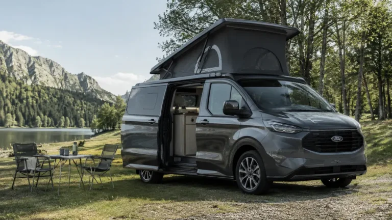 Ford Transit Custom Nugget aménagé en van de camping avec toit relevable au bord d’un lac