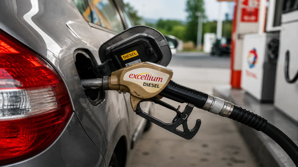 Plein de Total Excellium Diesel dans une voiture diesel à la station-service.