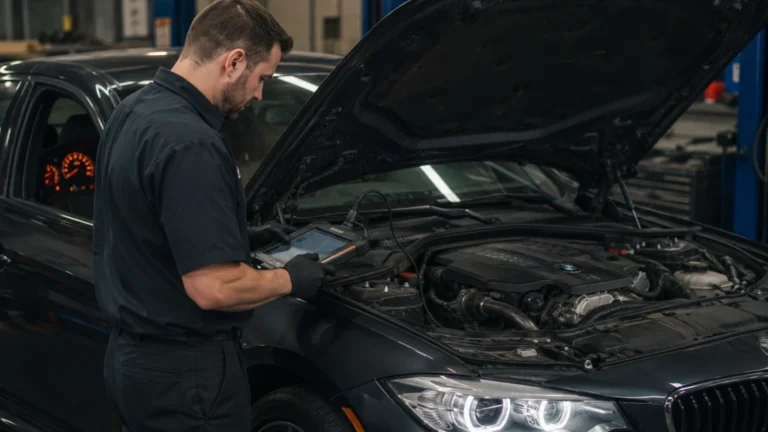 Mécanicien réalisant un diagnostic du groupe propulseur BMW avec une valise électronique