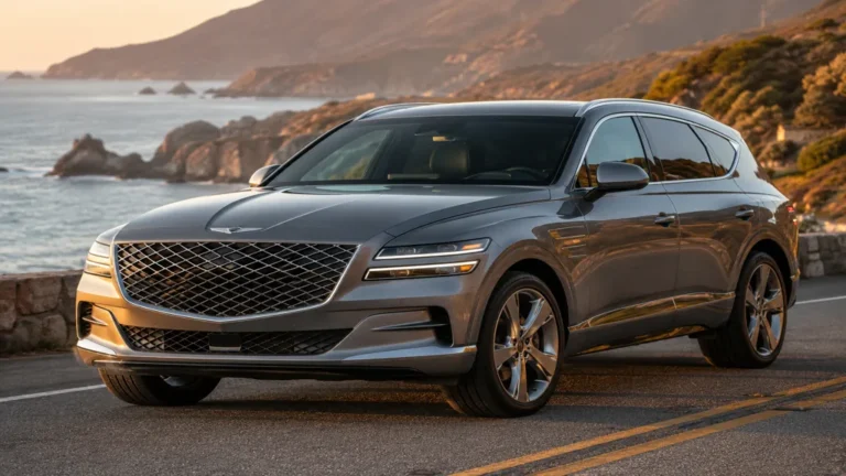 SUV premium gris sur une route côtière illustrant une marque de voiture en G.