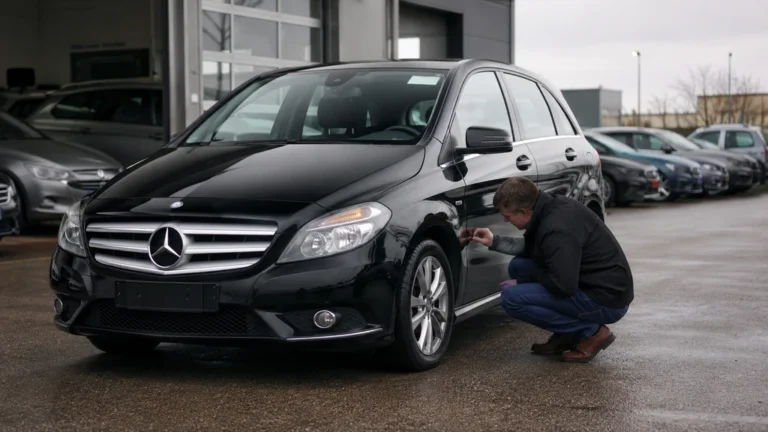 Acheteur inspectant une Mercedes Classe B d’occasion devant un garage automobile